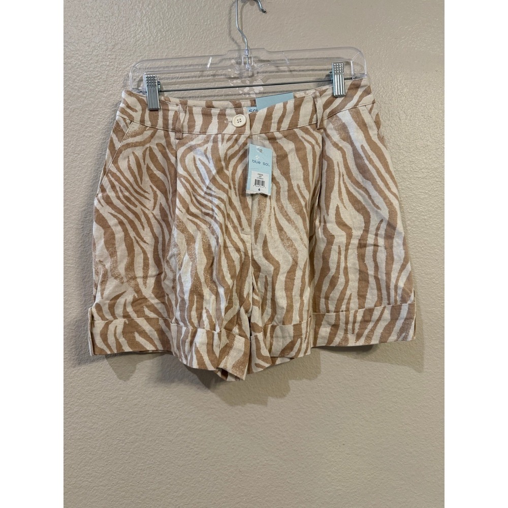 Blue Sol Womens Zebra Print Linen Blend Cuffed Shorts Tan White Size 6 3SB2046